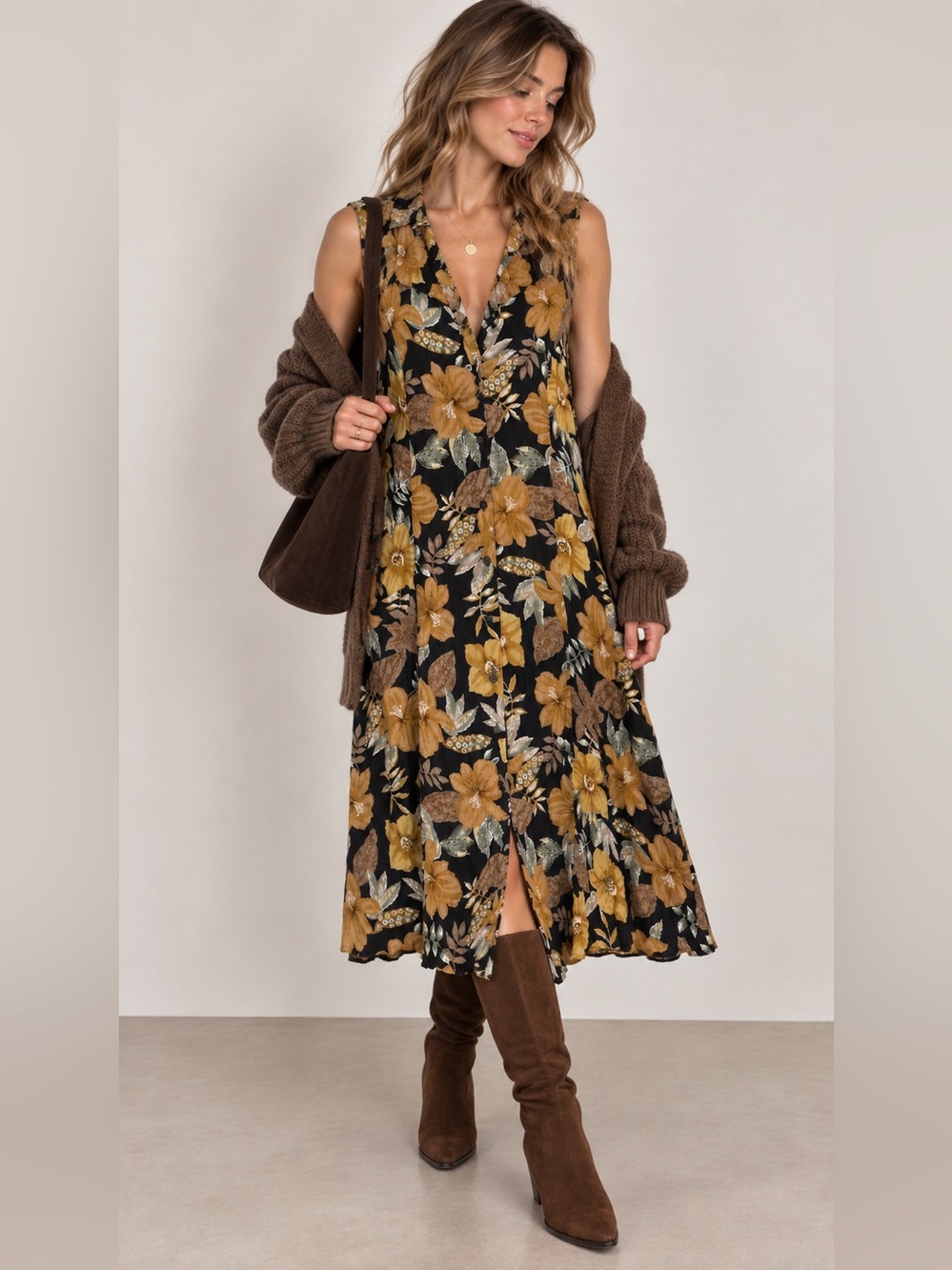 Vtg Black Floral Button Front Midi Dress 90s Boho sz small earthy fall tone